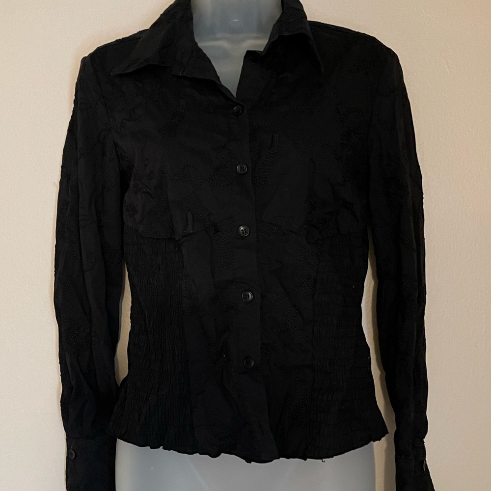 BCBG Black Embroidered Floral Corset Fit Button Up Top M